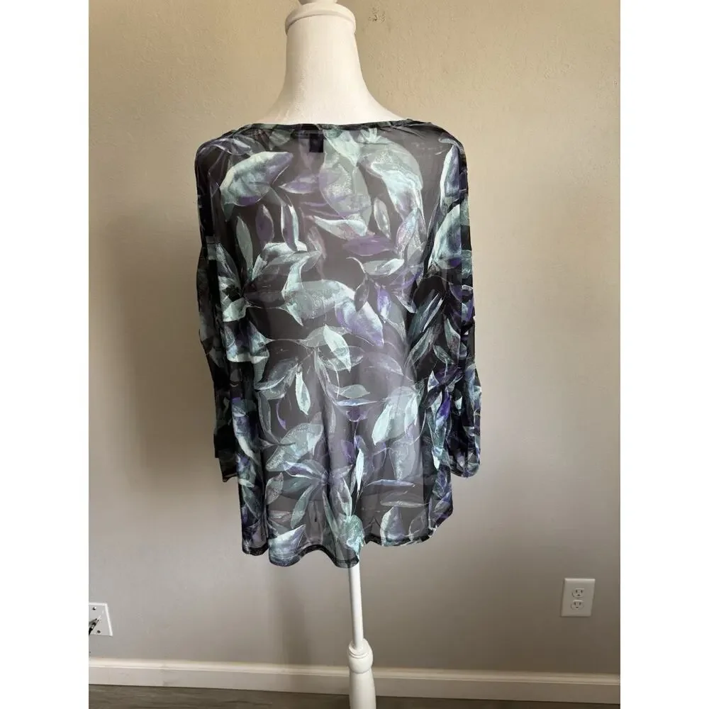 Zac & Rachel Black Teal Floral Sheer Blouse Womens 1X Career Flowy Beach - Picture 4 of 7